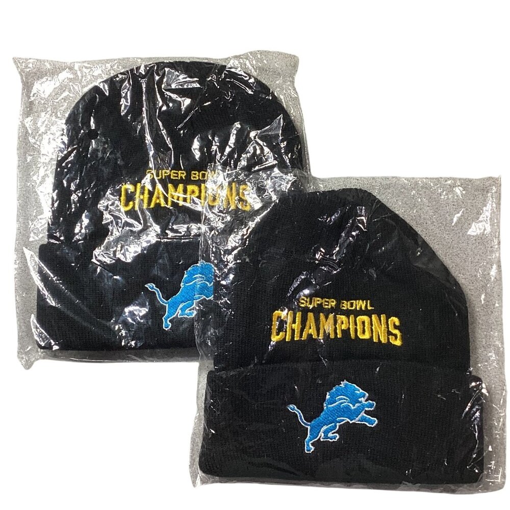 2 Pack Black Knit Beenie Super Bowl Champions Lions Embroidered New One Size